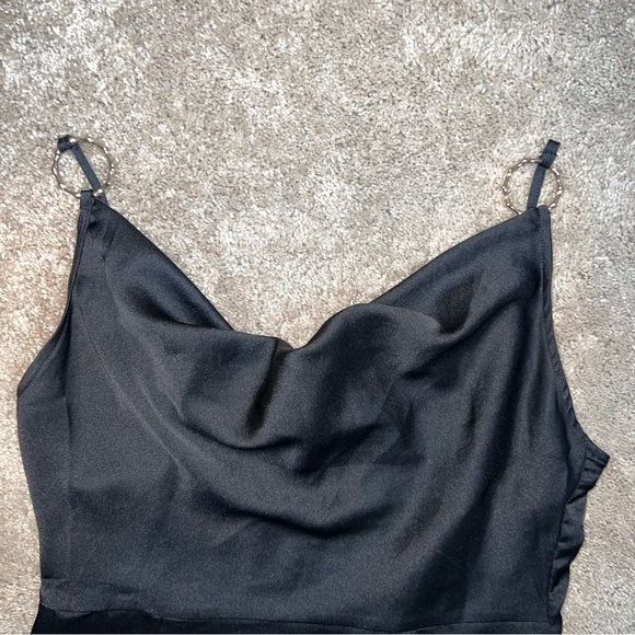 PrettyLittleThing Black Satin Cowl Neck Ring Detail Bodycon Dress Size 6 - Picture 7 of 13